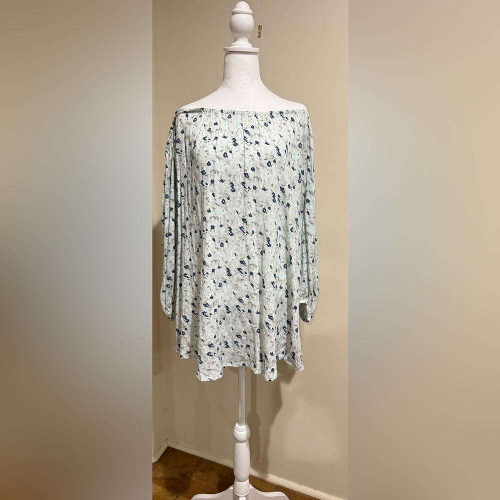 Faithfull the Brand Blue and White off the shoulder dress